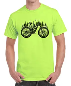 Caseria Men's Round Neck Cotton Half Sleeved T-Shirt with Printed Graphics - Cycle Forest (Liril Green, XL)