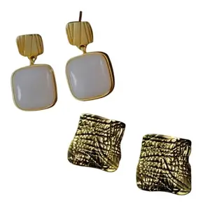 Combo - 2 Elegant Gold-Plated Square Dangle & Textured Stud Earrings for Women | Minimalist Modern Jewelry | Party, Casual, Everyday Wear