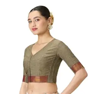 Studio Shringaar Women's Handloom Cotton Stretchable (Smocked) Saree Blouse with Temple Zari Border