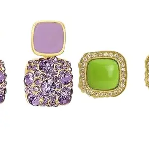 Ps Jewels Women's Purple Rhinestone Studs & Green Square Stud Earrings Combo Pack Lightweight Jewellery for Party, Wedding & Any Occasions