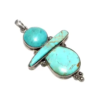 Rajasthan Gems Pendant 925 Sterling Silver Firoza Turquoise Gem Stone Women Men Unisex Handmade j800