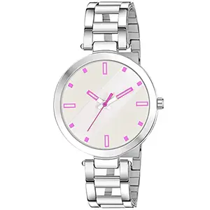 CLOUDWOOD Analog Wrist Watch for Women's and Girls (Pink & White Dial Silver Colored Strap)