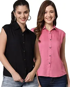 FUNDAY FASHION Women Regular Fit Solid Casual Sleevesless Shirt (Pack of 2) (Small, Black & Pink)