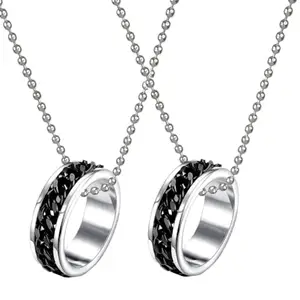 Uniqon (Set Of 2 Pcs) Unisex Silver & Black Color Stainless Steel Funky Rotatable Cuban Link Chain Inlaid Spinner Fidget Round Shape Circle Ring Pendant Locket Necklace With Ball Chain