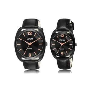 LOREM Stylish Synthetic Leather Black Dial Round Watch for Couple-FZ-LR75-LR322