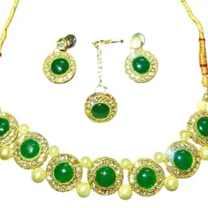 Elegant Gold-Plated Necklace Set with Green Gemstones, Pearl Beads, 50 cm