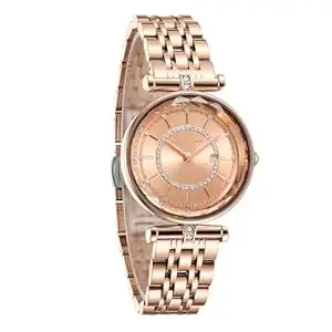 Giordano Arias Lara Dutta Signature Collection Analog Quartz Watch for Women with Crystal-Studded Cut Glass Dial, Date Display and Rose Gold Stainless Steel Strap