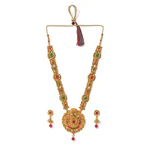 SOHI Meenakari Long Necklace Jhumki Earring Set For Women | Gold plated jewellery set for women traditional | gold plated necklace | Alloy jewel set | Imitation jewellery for women | Artificial jewelry | Antique | Haar set jewellery