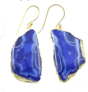 KHN Fashion Natural Petrol Blue Agate Slice Window Druzy Gold Electroplated Earrings Gifts For Women Girls