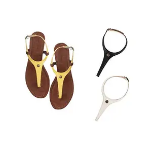 Cameleo -changes with You! Cameleo -changes with You! Women's Plural T-Strap Slingback Flat Sandals | 3-in-1 Interchangeable Leather Strap Set | Yellow-Black-White
