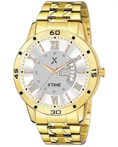Analogue Day & Date Watch Round Silver Dial & Gold Chain for Men's & Boys