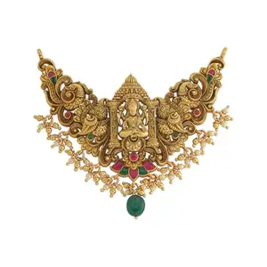 Kushal's Fashion Jewellery Ruby Gold Plated Ethnic 92.5 Pure Silver Temple Pendant - 417863