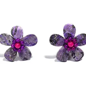 Gempro Natural Certified Purple Jasper Flower Shaped Clip-On Earrings for Women, Purple
