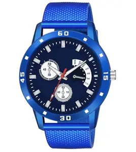 1616|Blue Dial PU Strap Stylish Analog Watch for Men-GINI/Black