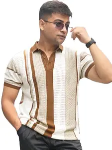 Maniac || Mens || Half Sleeve || Beige || Stripe || Flat Knit || Cotton || Polo Tshirt