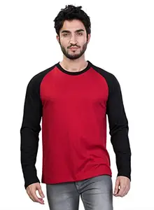 Kalt Men's Full Sleeves Round Neck Dual Colour Cotton Blend T-Shirt(Red::Black;XL)