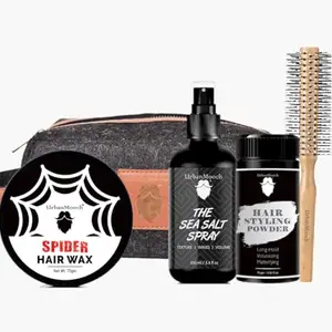 UrbanMooch Men's Hair Styling Kit with Spider Hair Wax, Sea Salt Spray, Hair Volume Powder, Round Brush, Toiletry Pouch For Men | Ultimate Hair Styling Kit for Men