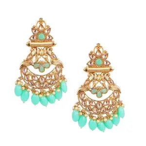 Adwitiya Collection Gold Plated Turquoise Blue Stone Studded Hanging Pearl Peacock Design Earrings