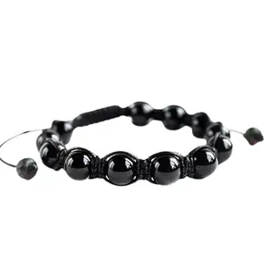 Lady Works Natural Black Onyx Threaded Shamballa Bracelet 10mm Round Smooth Beads Black Onyx Adjustable Thread Bracelet. Unisex Macrame Yoga Bracelet.|LW_TDBR_0479