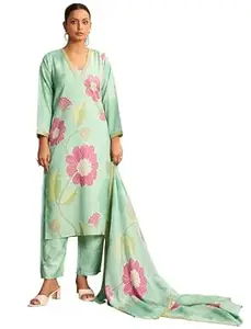 Pinkmint Women's Floral Printed Cotton Blend Kurta Pant Chanderi Dupatta Set | 3 Piece Ethnic Set with Lace