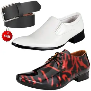 Aadab Formal Shoes/Party Shoes/ 2 Shoes Combo with Free Belt for Men and Boys (BAZAAR7798_VTR01-Blk-Red-2004-Wht) Multicolor