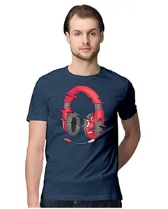 ALLEN BLACK Men's Regular Fit T-Shirt Awesome Headphones Glitch - Gaming Headset 100% Cotton T-Shirt Navy Blue_HDSTGLITCH-Navy Blue M Men Round_