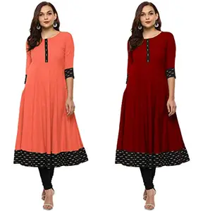 Yova Style Plain Cotton Knee Length Anarkali Kurtis Dresses for Ladies Women - Combo Sets of 2 Peach, Maroon Colour X-Large Size