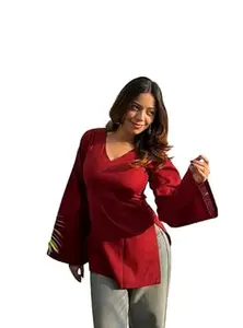 IQRA TRADING HUB Maroon Rayon Short Kurti for Women - V Neck Solid Ethnic Tunic Top, Casual Indo-Western Kurta for Jeans