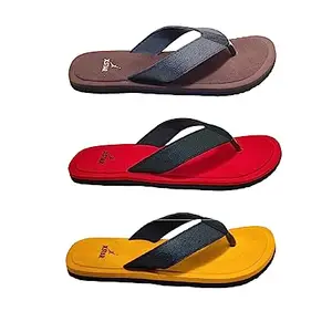 XSTAR Men's Casual Lightweight Comfortable Daily/Wear Combo Pack of 3 Slippers/Flip-Flops (Brown/Red/Tan, numeric_9)