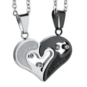 Peora Unisex Stainless Steel Love Heart Cz I Love You Puzzle Matching Couple Pendant Necklace