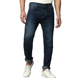 Dennis Lingo Men's Slim Fit Stretchable Mid Rise Cotton Blend Solid Denim Jeans (Blue, 28)