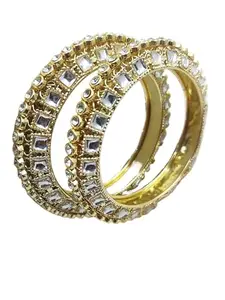 MEHAK CURATORS Light Gold Kundan Polki Mirror Work Bangles Kada Set of 2 for Women and girls (2.4)