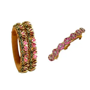VRCreations Handmade Traditional Thread Bangles Set with Pink and Green Kundan Work, 2 Pieces with Center Hair Clips, Hair Accessories and Bangles Combo