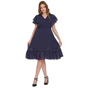COLOR WORLD Dress for Women Knee Long Size Layered Sleeve Gathered Designer Georgette Blue Polka dot Print l