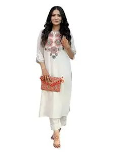 RUCHIKA CRAFT Women's Pure Cotton Embroidery Floral Printed Straight Coo-rd Set Kurti with Pant (White)