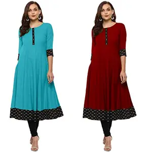 NATEK Plain Cotton Laceborder Anarkali Kurtis Dresses for Ladies Girls - Combo Sets of 2 SkyBlue, Maroon Colour Medium Size