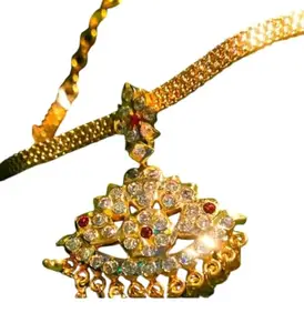 Traditional Impon attigai Gold-Plated Pendant Necklace for women and girls - american diamond traditional necklace micro plated - made five metal trendy attigai, Floral Design with Ruby Accents