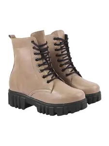 Shoetopia Women's Tan Combat Boots – Chunky Platform Lace-Up Ankle Boots with Lug Sole | Faux Leather Fashion Boots for Fall & Winter EU38