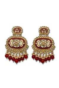 Traditional Kundan Chandelier Earrings, Beaded Drops, Antique Gold Finish (red)