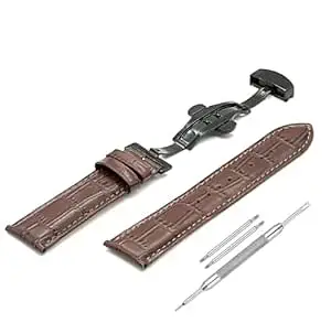 Lineon 22mm Half Padded Premium Leather Mens Watch Strap with ButterFly Lock For Branded Watches Tool and Pins Include