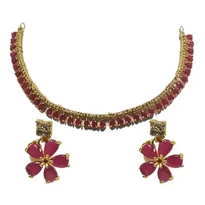 Gold Plated Necklace Set with Pink Stone, White AD