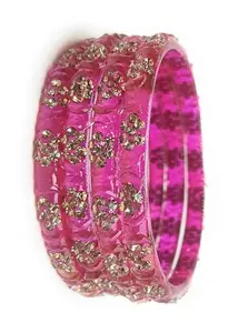 Ranika Traditional Glass Bangles Set with Crystal Flower Design Pieces of 4 For Women (Rani-Pink, 2.6)