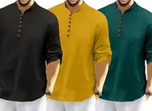 FINIVO FASHION Combo of Men’s Casual Full Sleeve Kurta Style Shirt with Button Placket |Regular Fit Ethnic Fusion Wear| Lightweight Breathable Fabric |for Daily & Festive Use Pack of 3