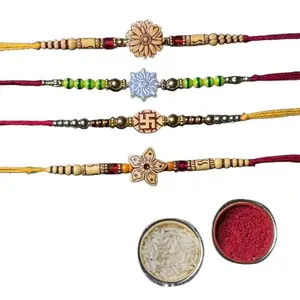 Rakhi Combo Pack of 4 – Designer Rakhis for Brothers | Traditional & Modern Beaded Rakhi Set with Roli Chawal | Perfect Raksha Bandhan Gift for Bhai | Pearl, Wooden & Ethnic Styles