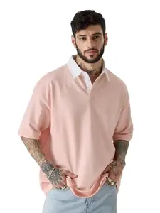 The Souled Store Solids: Pink Men and Boys Short Sleeve Collared Neck Oversized Fit Polos