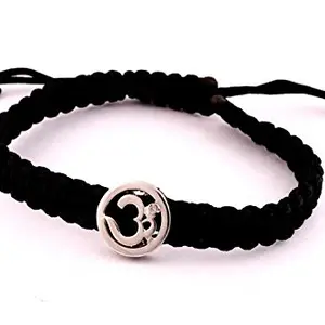 AUMKAARA Black Fabric Auspicious Silver Charm Om Bracelet with Adjustable Strap for Men and Women