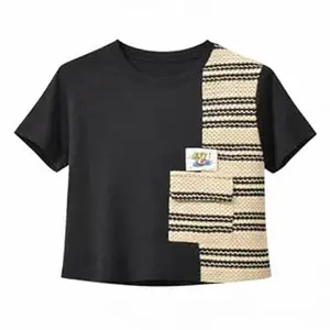 BADBEE Women's Patchwork Crop Top, Black, Cotton with Woven Panel Detail, Casual Street Style