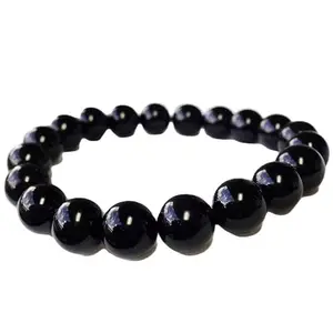 RRJEWELZ 10mm Natural Gemstone Black Agate Onyx Round shape Smooth cut beads 7.5 inch stretchable bracelet for men & women. | STBR_RR_03212