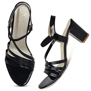 XE Looks Women's Black Block Heel Sandals | Glossy Multicolor-Strap Design | Comfortable Cushioned Footbed | Anti-Skid Sole Heel Sandals For Girls & Women