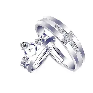 MEENAZ Valentine Gifts Adjustable CZ AD Silver Platinum American Diamond Love King Crown Couple Finger Rings Combo for Girls Boys Men Husband Wife Couples Boyfriend Girlfriend Women Lovers -CFR-105